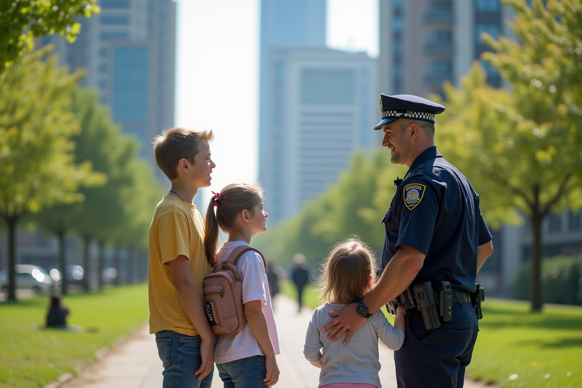 Policier amical parlant avec deux enfants dans un parc urbain