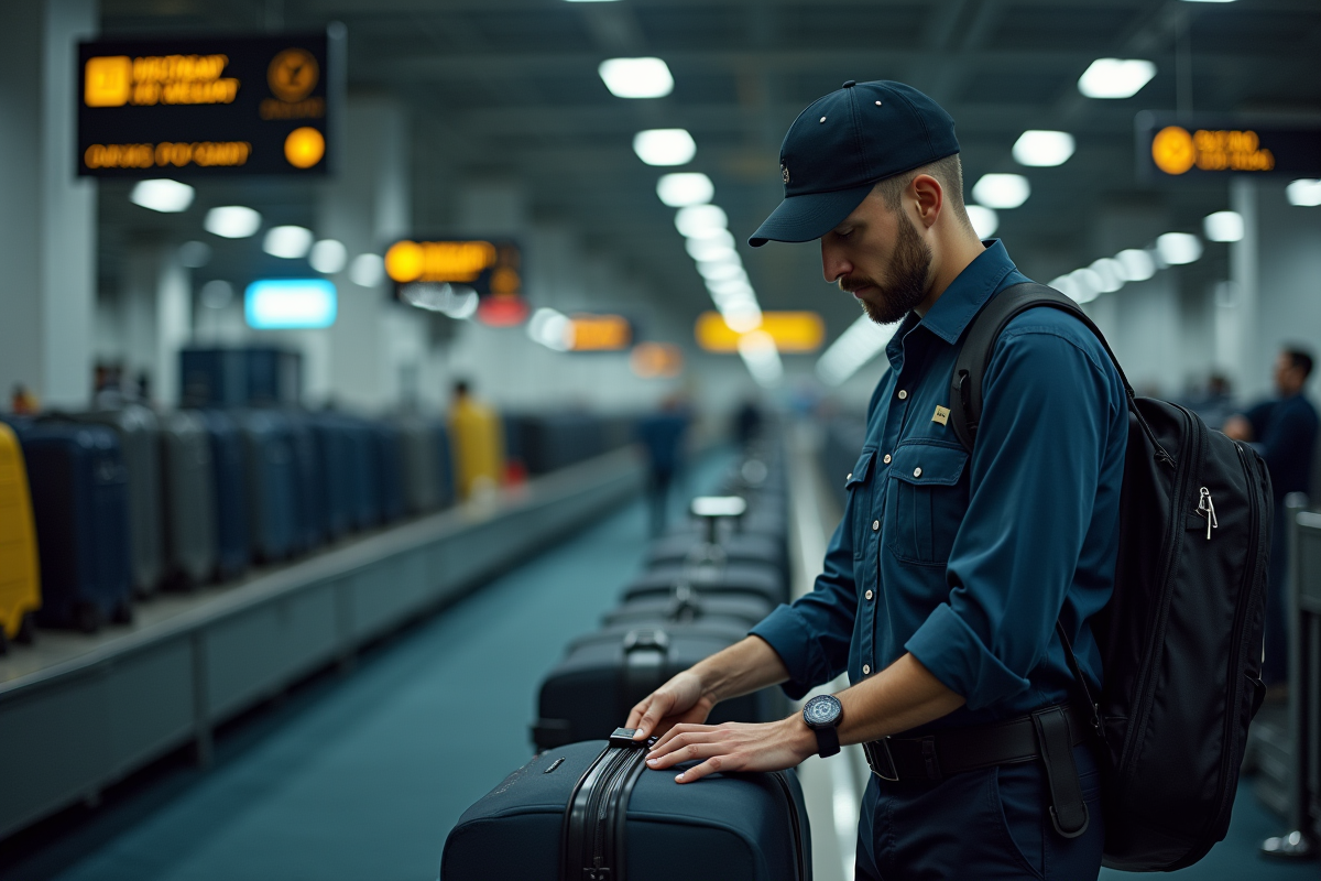 Agent de sécurité vérifiant une valise dans le baggage