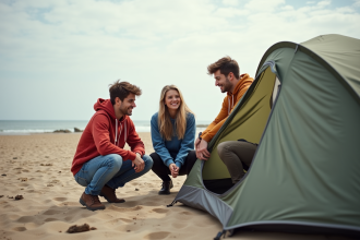 Groupe d'amis sur la plage en camping en France