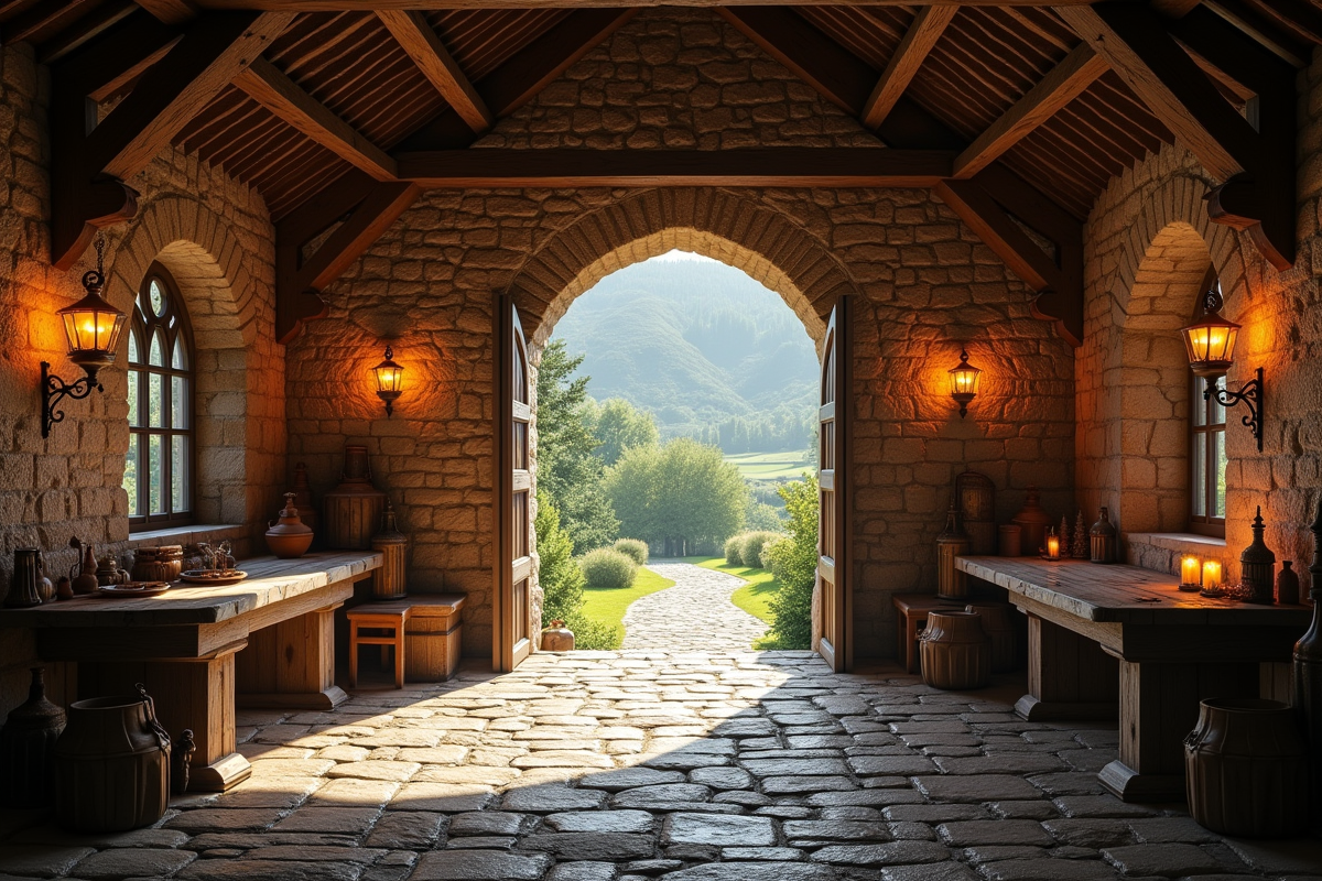 Auberge ancienne du Moyen Age avec voyageurs et marchands