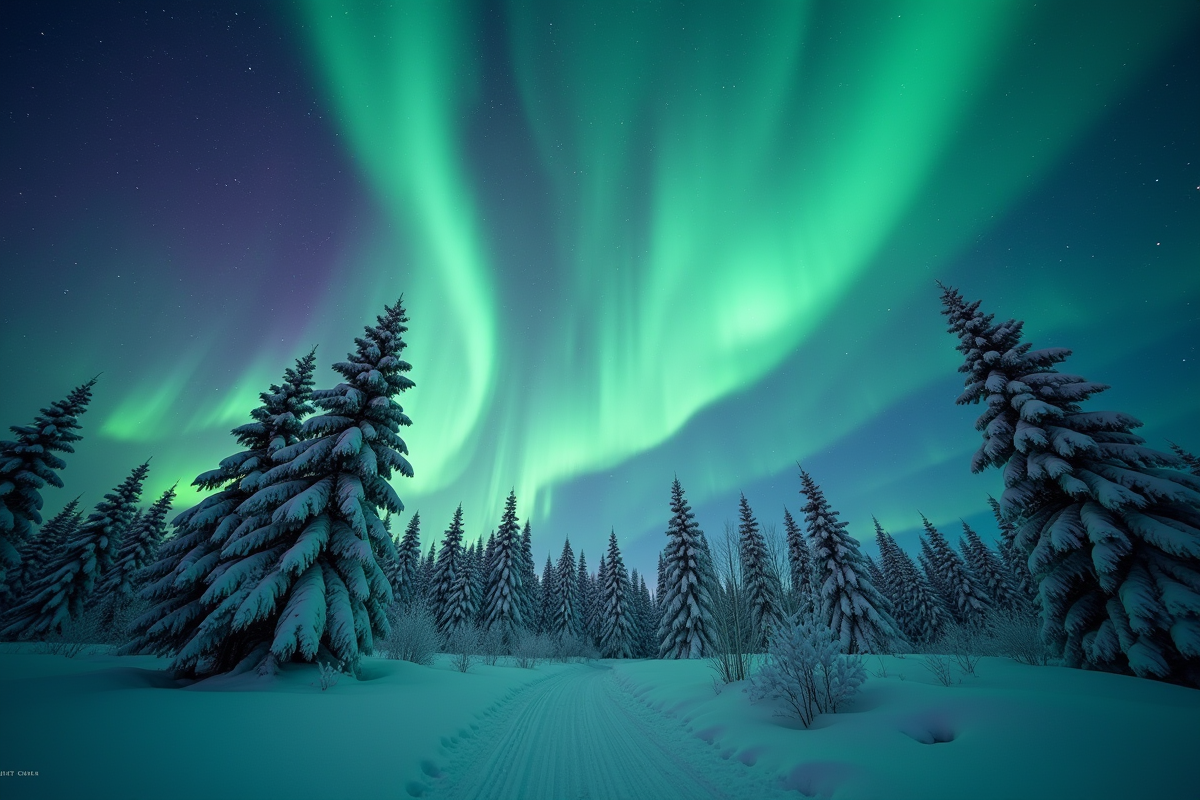 Aurores boréales vertes et violettes dans un paysage enneigé