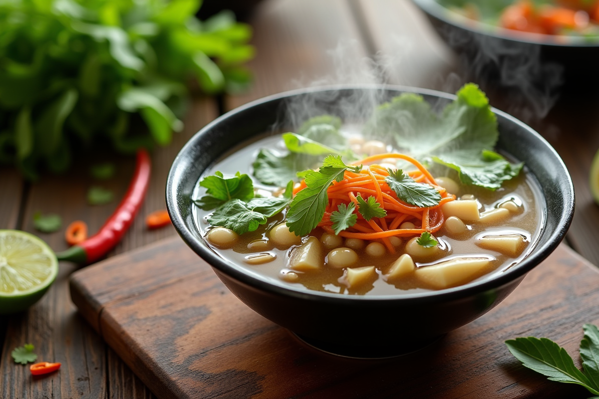 Bol de pho vietnamien avec herbes et citron