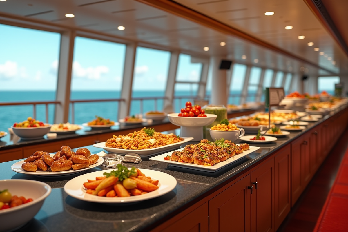 Buffet libre avec plats internationaux sur un bateau en mer