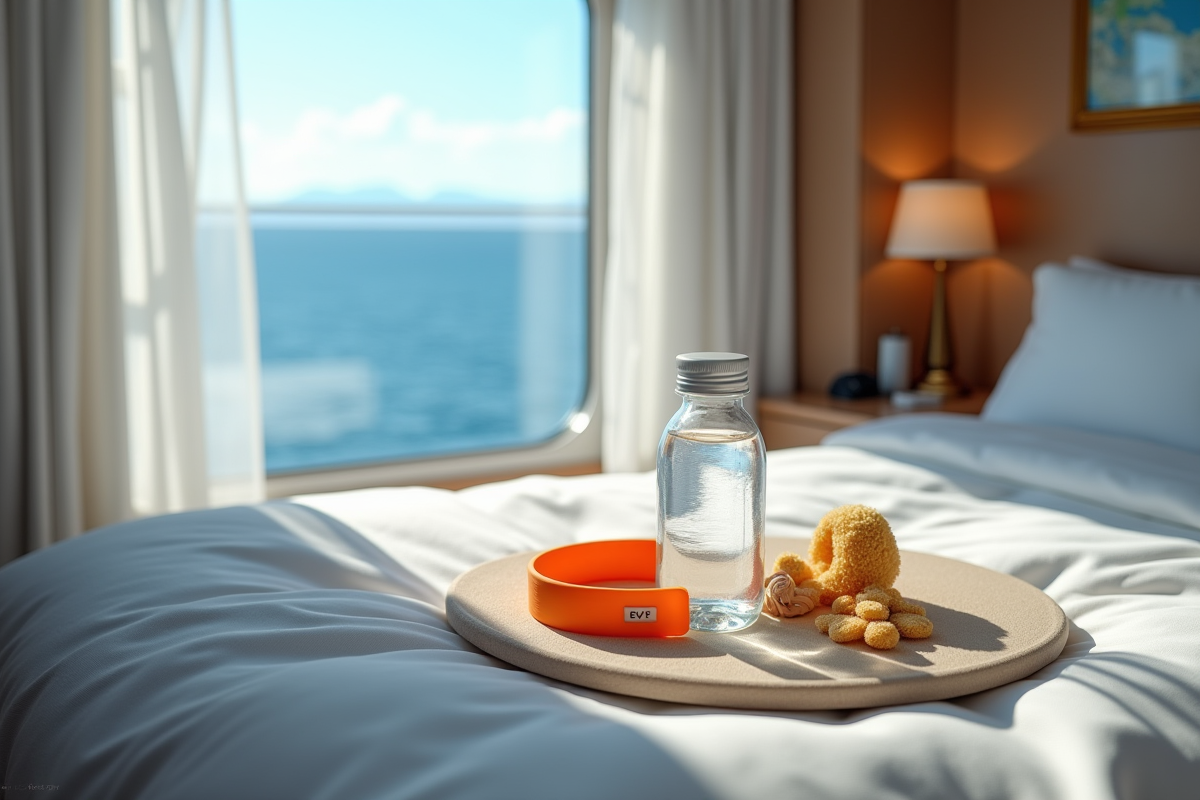 Cabine de croisière avec remèdes contre le mal de mer sur le lit