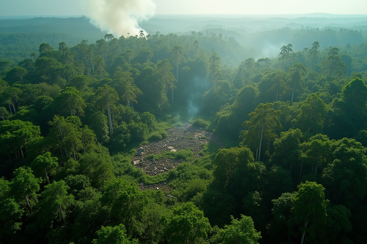 Vue aérienne de la canopée dense de l'Amazonie avec déforestation
