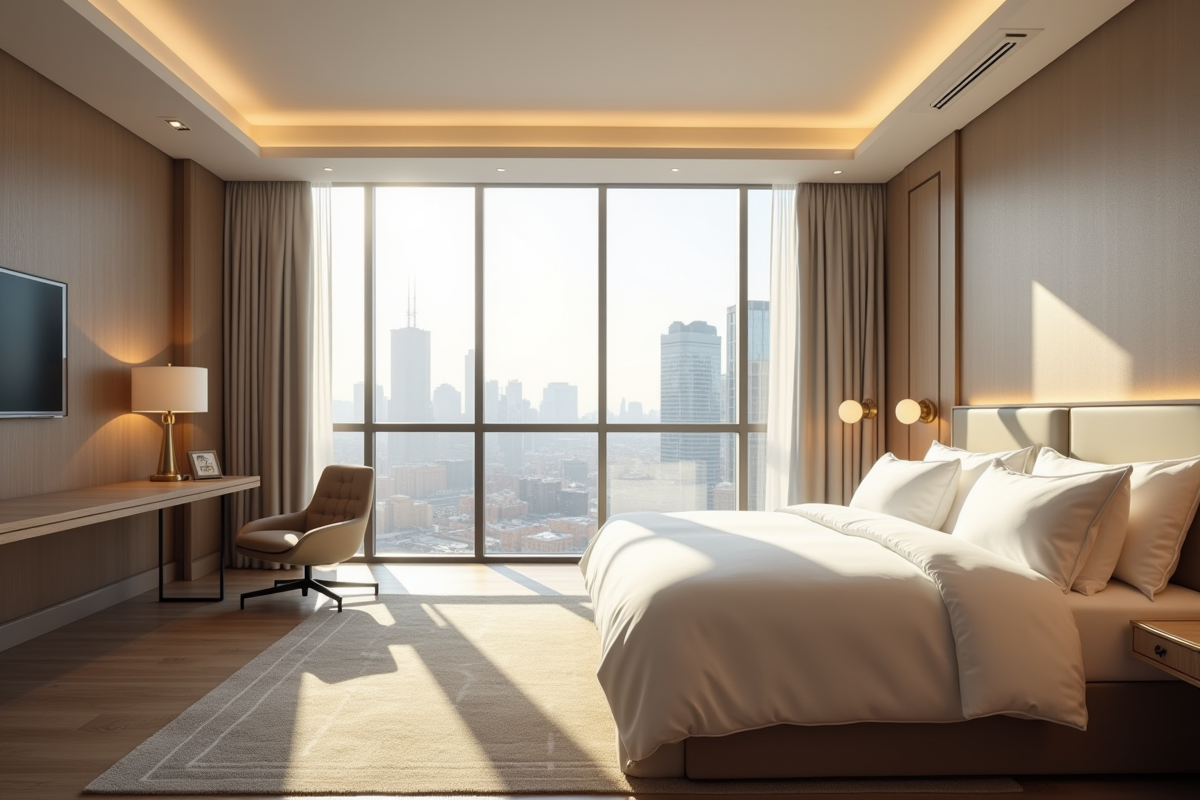 Chambre d'hôtel lumineuse et spacieuse avec vue urbaine