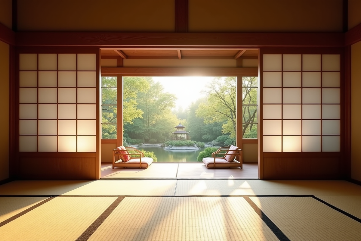 Salle tatami japonaise avec vue sur jardin intérieur paisible