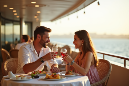 Couple souriant dégustant repas en croisiere luxe en plein air