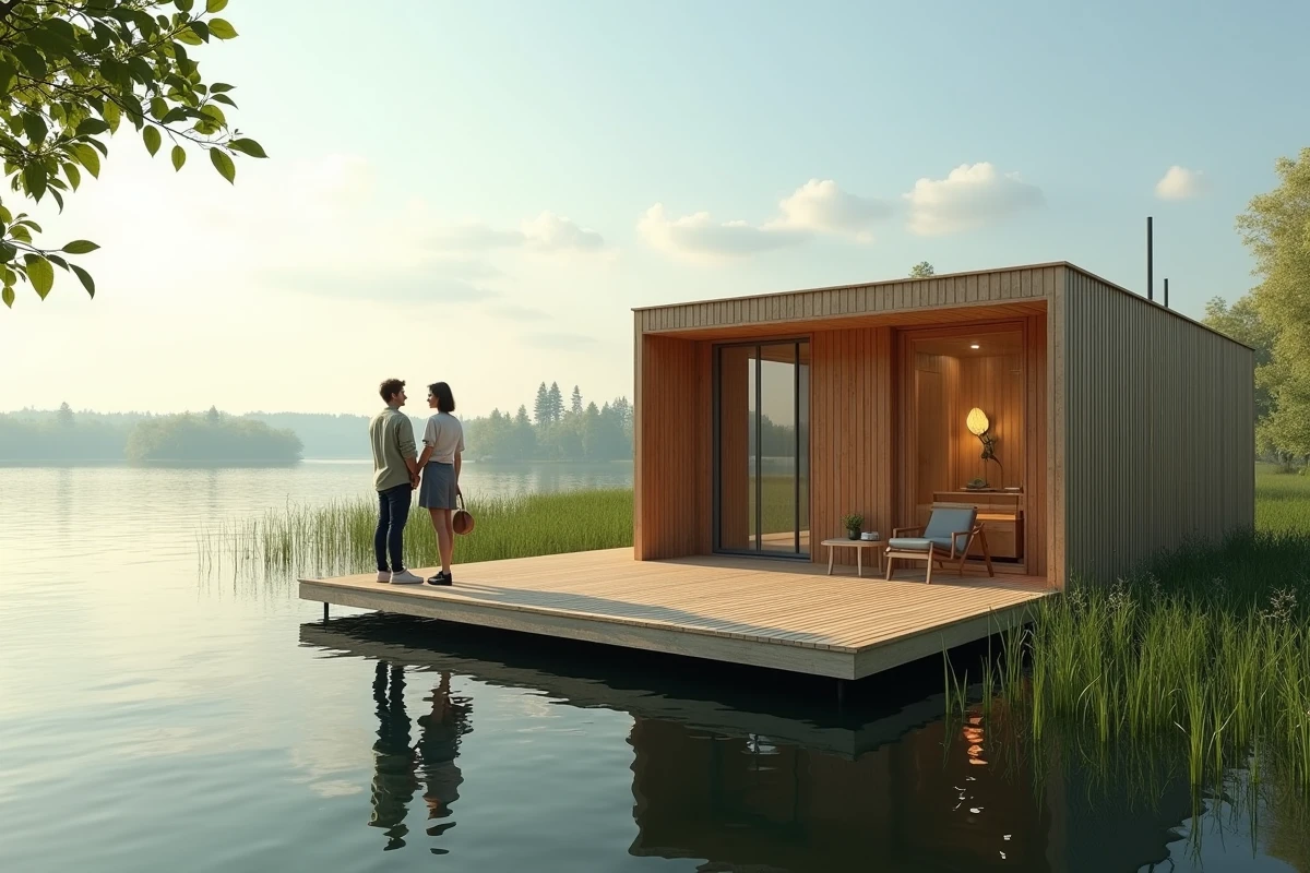 Jeune couple sur terrasse d'une maison flottante au bord du lac