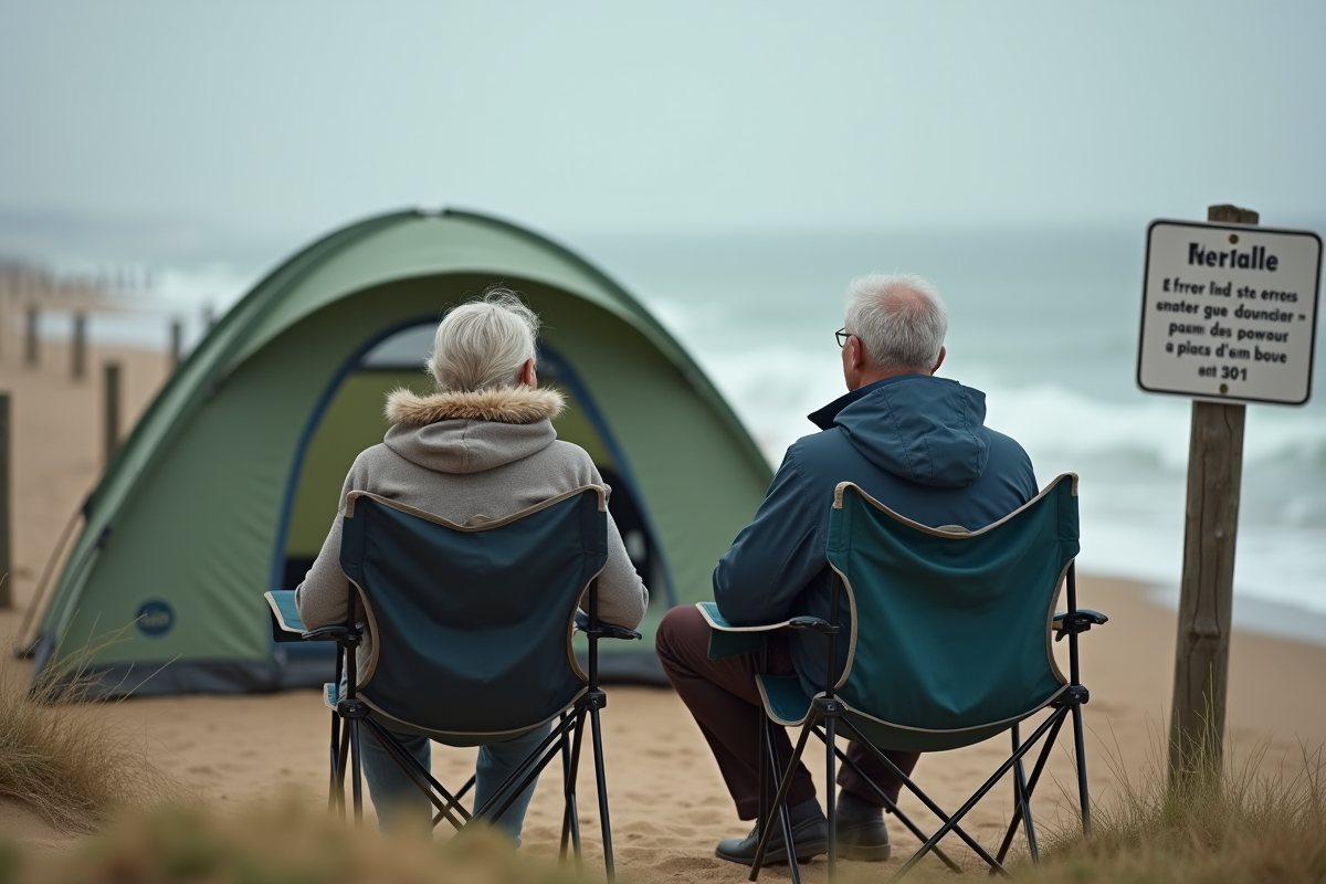 Couple mature observant la mer près de leur tente