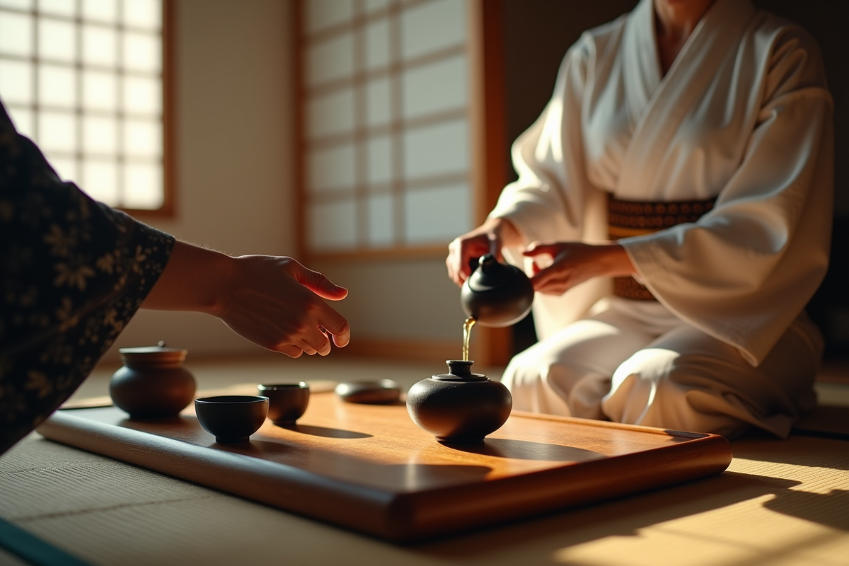 Cérémonie du thé japonaise dans une salle tatami avec hôte en kimono