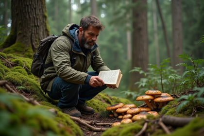 Homme d'âge moyen cueillant des champignons en forêt