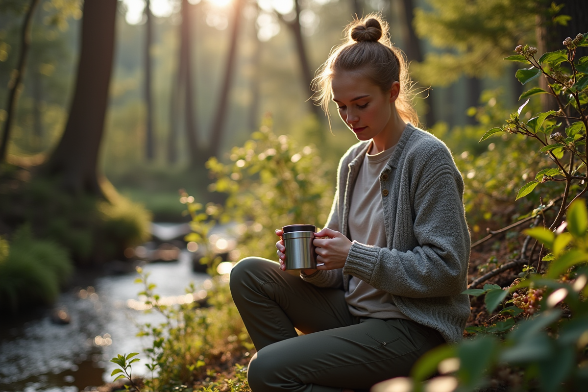 Jeune femme ramassant des baies dans la forêt