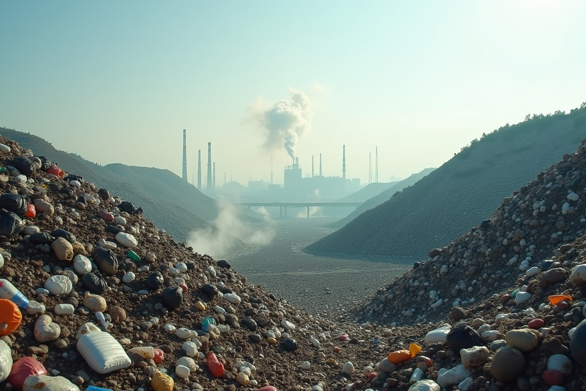 Décharge massive avec déchets plastiques et fumée en arrière-plan