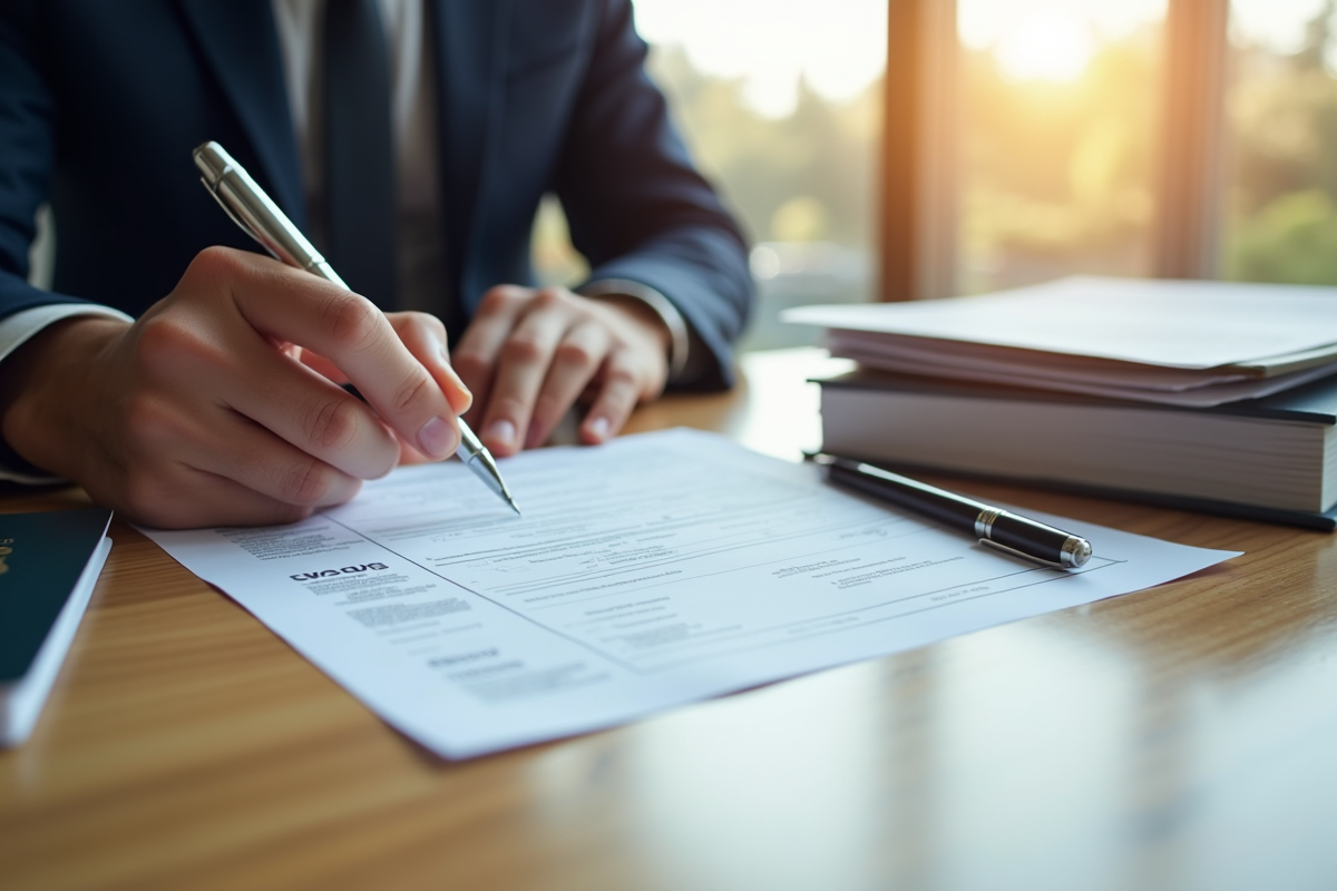 Main remplissant un formulaire de douane sur un bureau lumineux