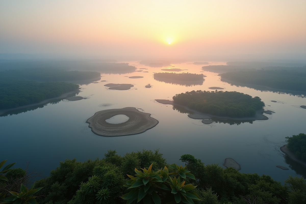 Delta de rivière au lever du soleil avec brume et îlots