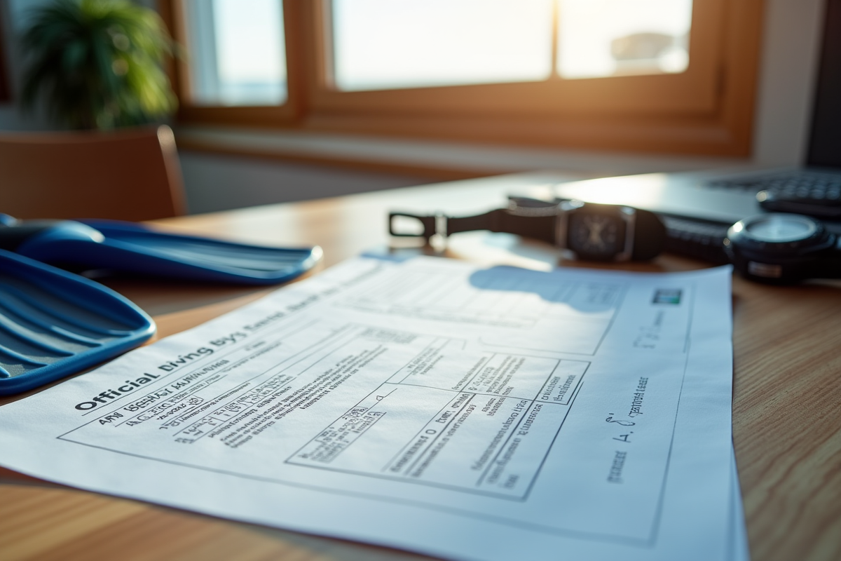 Permis de plongée et documents de sécurité sur une table en bois