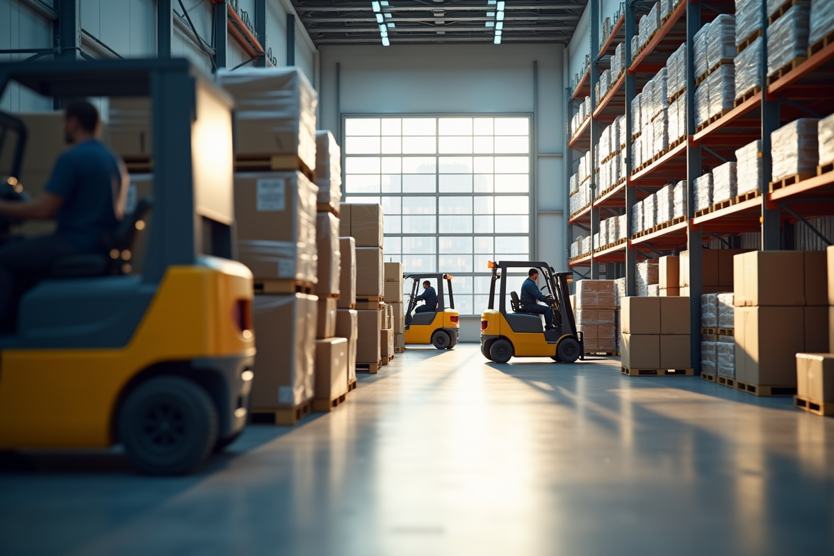 Entrepot logistique animé avec travailleurs et chariots élévateurs
