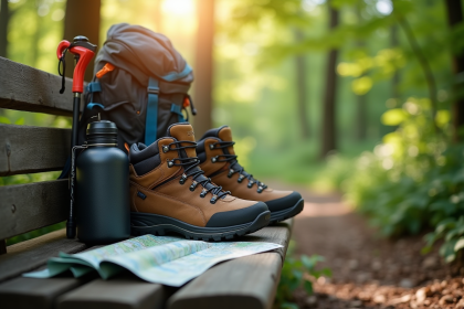 Matériel de randonnée sur un banc en forêt avec soleil