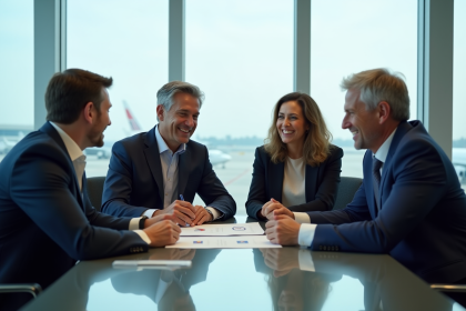 Quatre dirigeants d airline en r&eacute;union dans un lounge moderne
