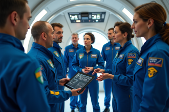 Équipe d'astronautes dans la station spatiale autour d'une horloge digitale