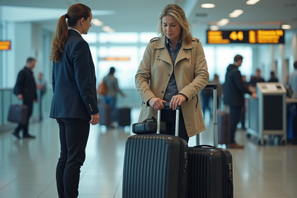 Femme voyageuse à l'aéroport inspectant sa valise