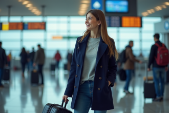 Jeune femme souriante à l'aéroport avec passeport et valise