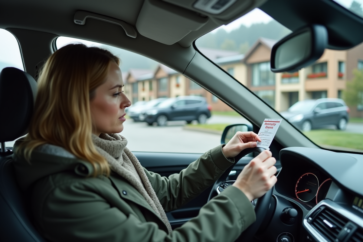 Femme suisse pose vignette sur parebrise voiture