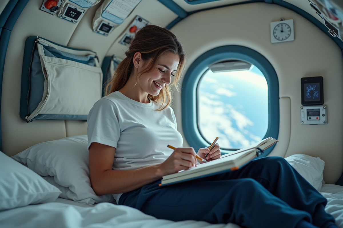 Femme astronaute en tenue détendue prenant des notes dans la station spatiale