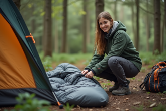 Jeune femme en camping dans la forêt avec tente et sac de couchage