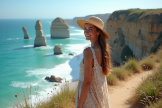 Jeune femme souriante au bord d'une falaise sur la côte
