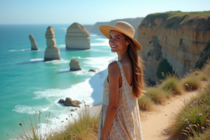 Jeune femme souriante au bord d'une falaise sur la côte