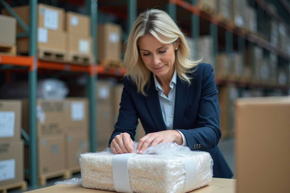 Femme en costume navy emballant un vase avec du bulle