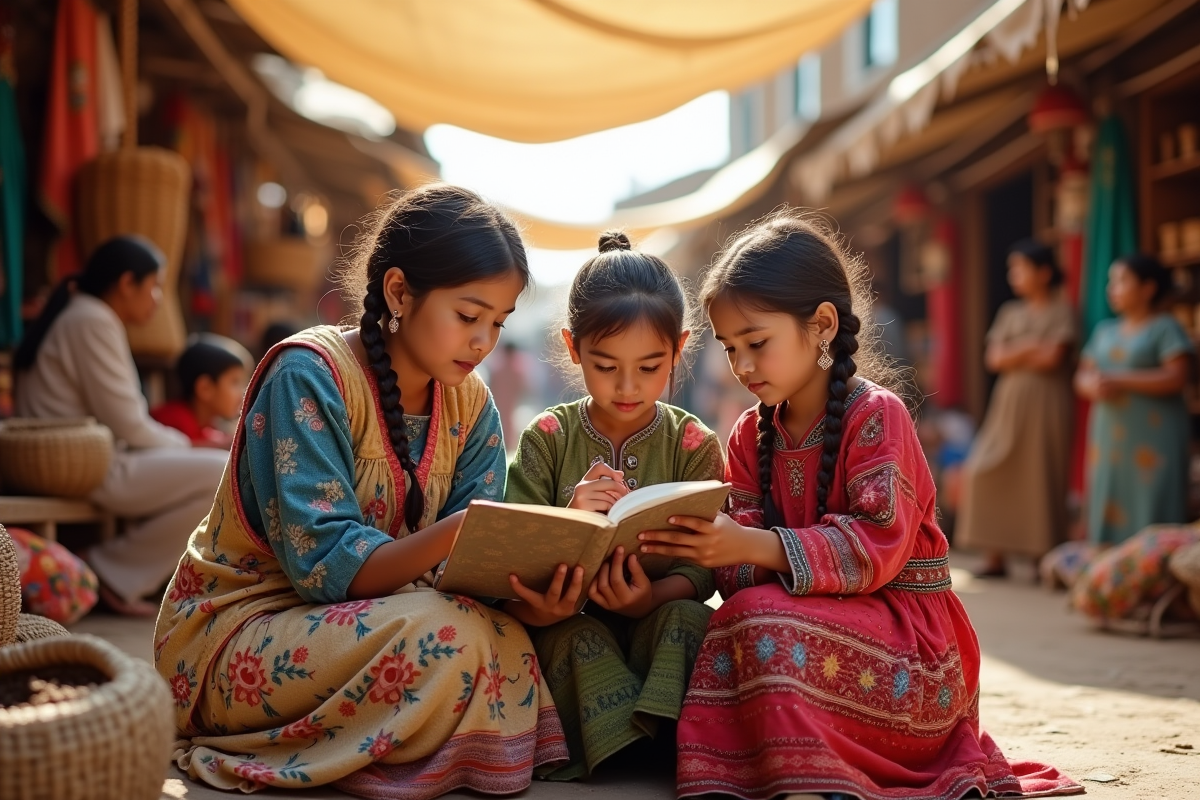 Jeune femme romani et enfants dans un marché coloré