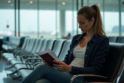 Femme inquiète à l'aéroport avec passeport et itinéraire