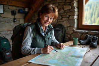 Femme d'âge moyen examine une carte en refuge de montagne