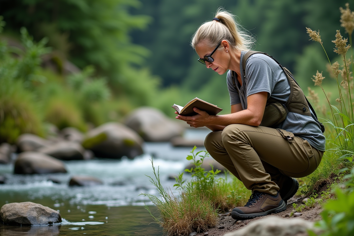 Femme cueillant des herbes près d