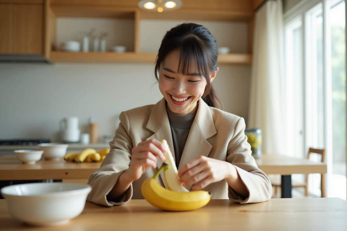 Femme japonaise en tenue décontractée peignant une banane dans une cuisine moderne