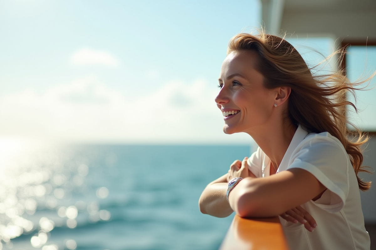 Femme souriante sur le pont de croisière regardant l'horizon