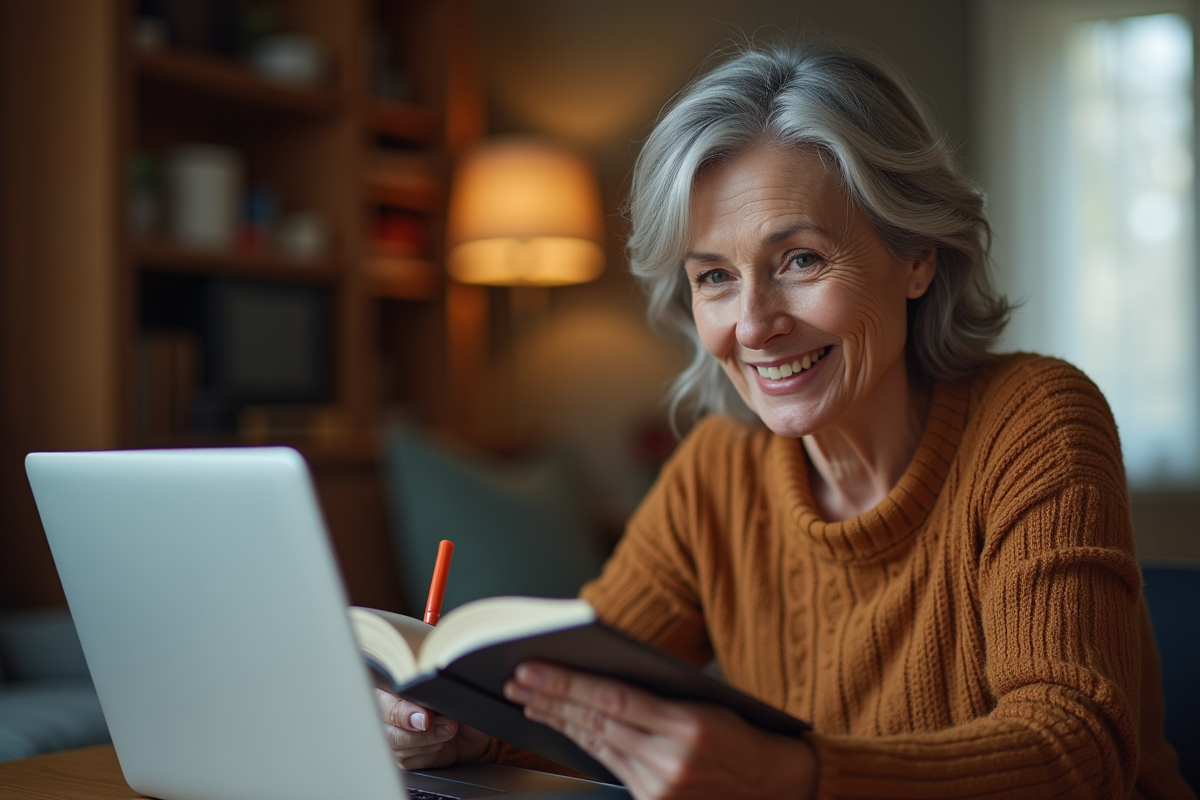 Femme souriante utilisant un ordinateur pour préparer un voyage
