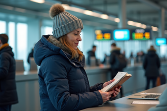 Femme vérifiant son passeport à l'aéroport en Antarctique