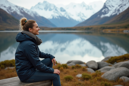 Femme assise au bord d'un lac patagonien avec montagnes enneigées