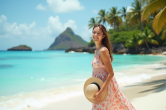 Femme souriante en robe d'été sur plage tropicale