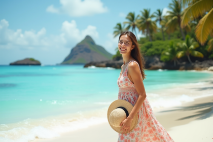 Femme souriante en robe d'été sur plage tropicale