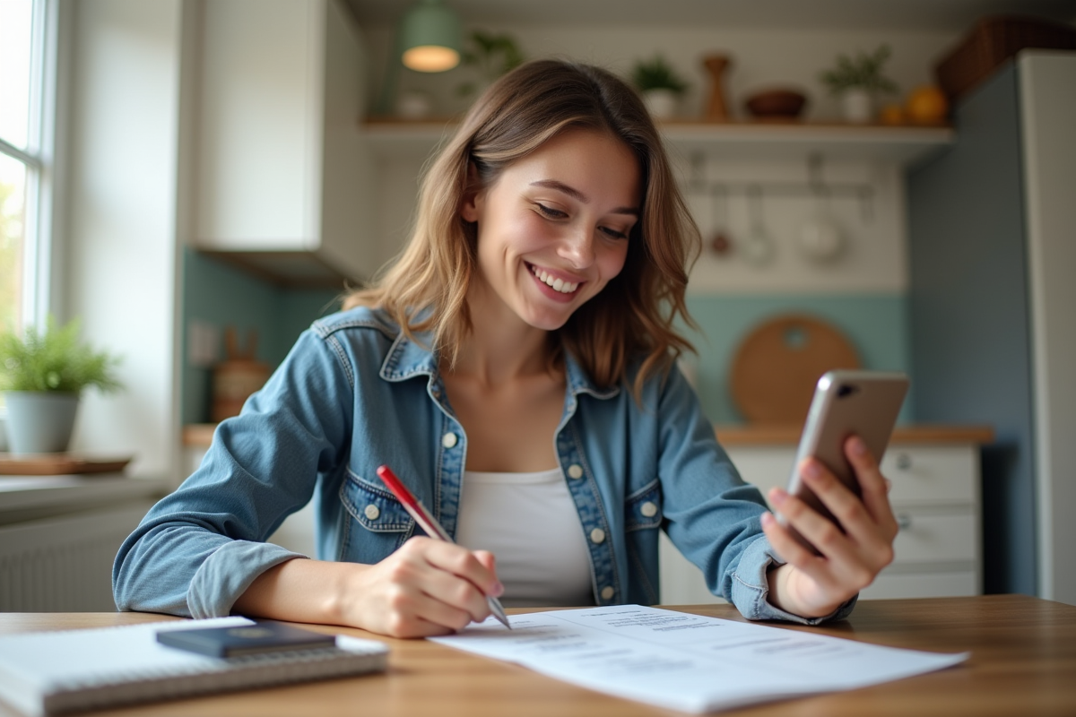 Jeune femme préparant son voyage avec passeport et smartphone