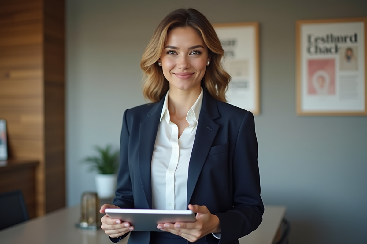 Jeune femme confiante en bureau moderne avec tablette