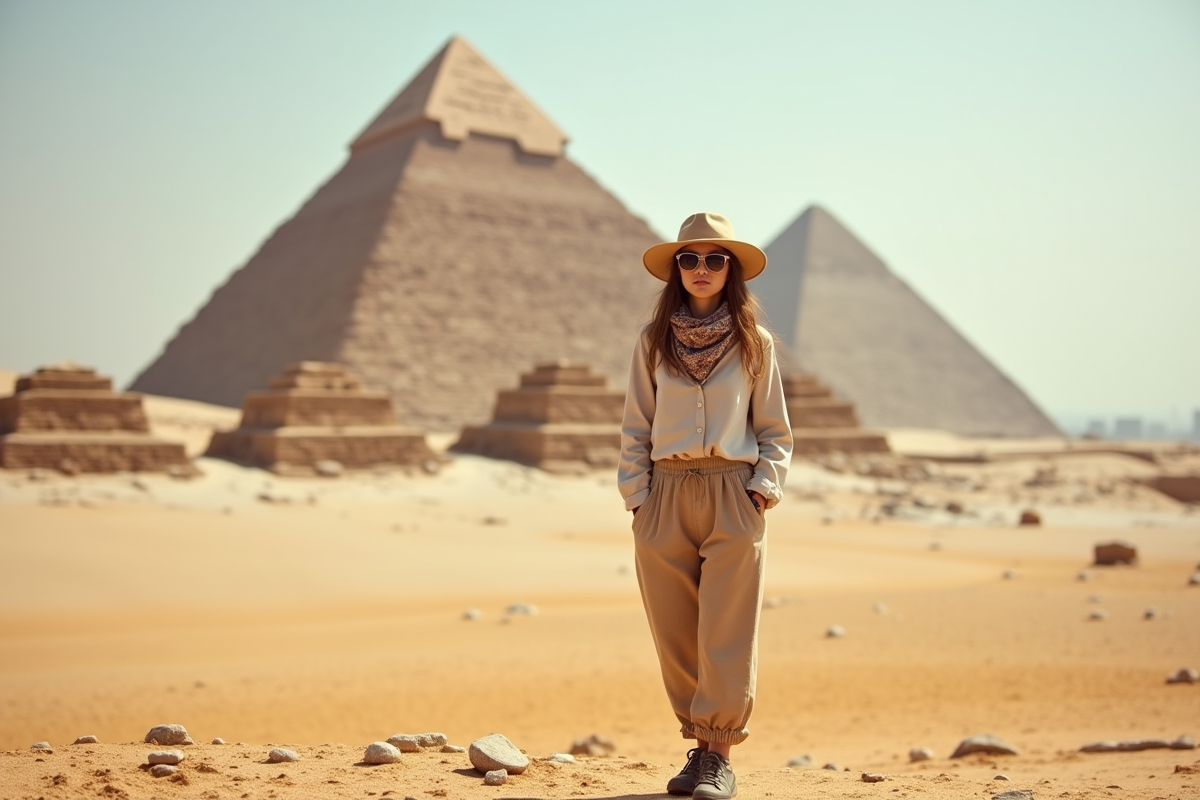 Jeune femme près des pyramides de Gizeh en journée