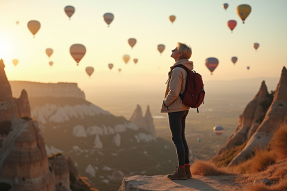 Femme en randonnée regardant les ballons à Göreme