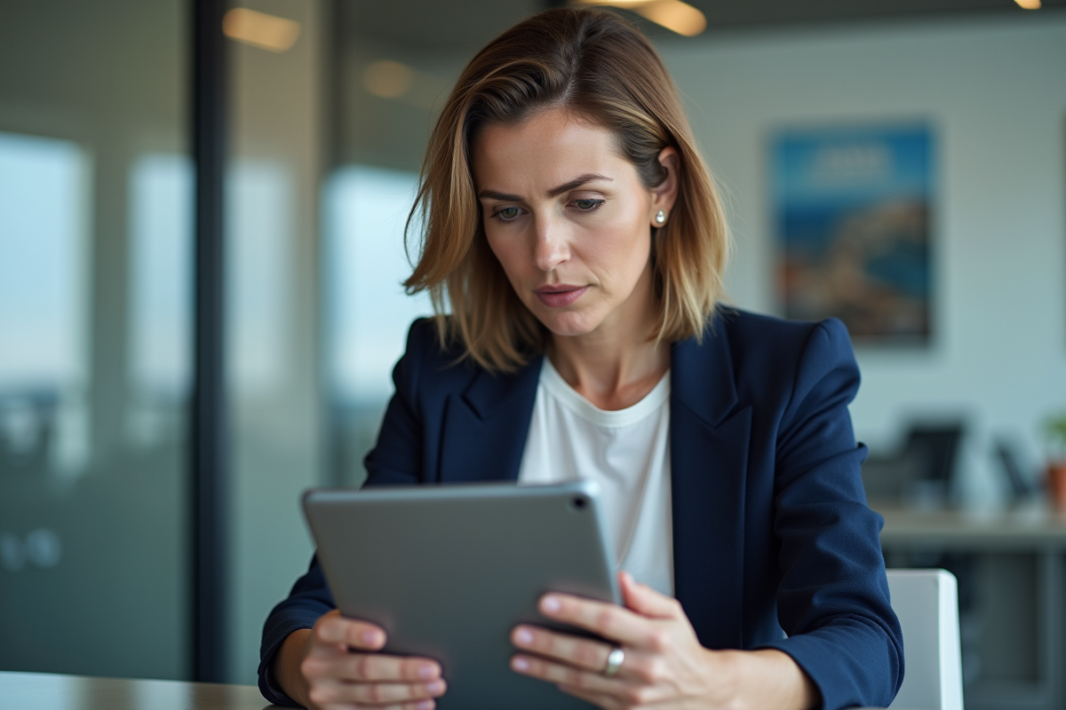 Femme en blazer navy consulte un itinéraire digital en réunion