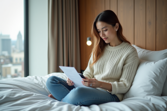 Femme en sweater vérifiant un reçu sur son smartphone dans une chambre d'hôtel